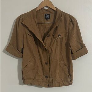 Mine brown linen blend  cuffed short sleeve jacket large